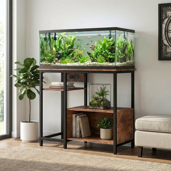 aquarium stand, fish tank stand, aquarium cabinet, fish tank furniture, metal wood stand, product demo, lifestyle, minimalist, calm, trustworthy, neutral, brown